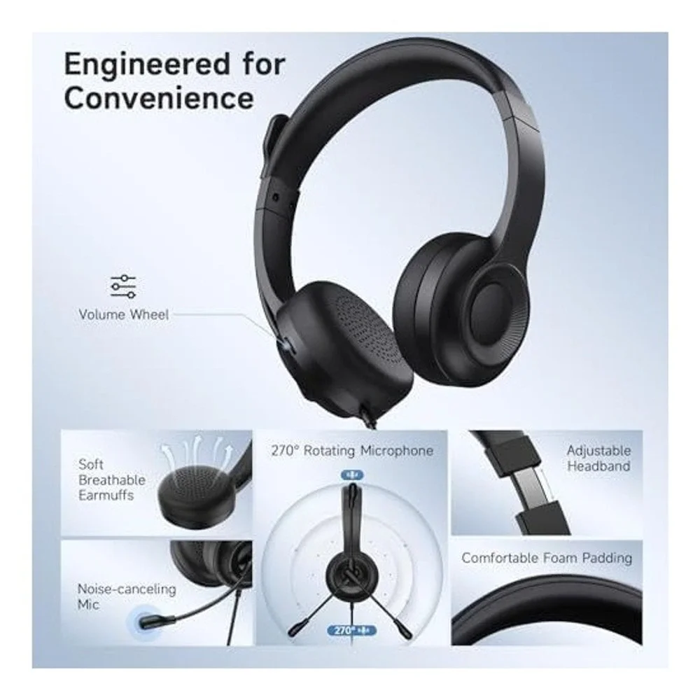 AOC USB Wired Headset Noise Cancelling Rotating Microphone Black PC Mac